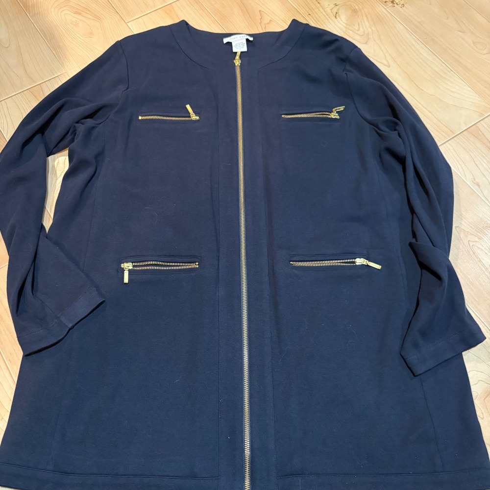 Joan Vass Navy Blue Full Zip Longline Cardigan Jacket Gold Zipper Pockets Size 3